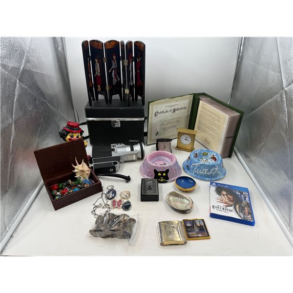 Variety Lot w/ Sankyo Super CM 800 Film Camera, Judge Eyes PS4 Game, Travel Clock, & More