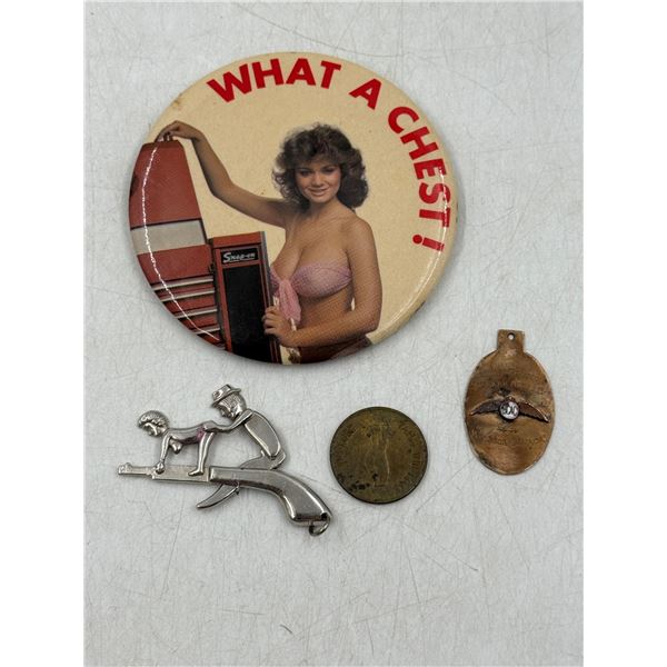 VTG Smalls Lot w/ What A Chest Snap-On Button, Nude Heads or Tails Coin, & More