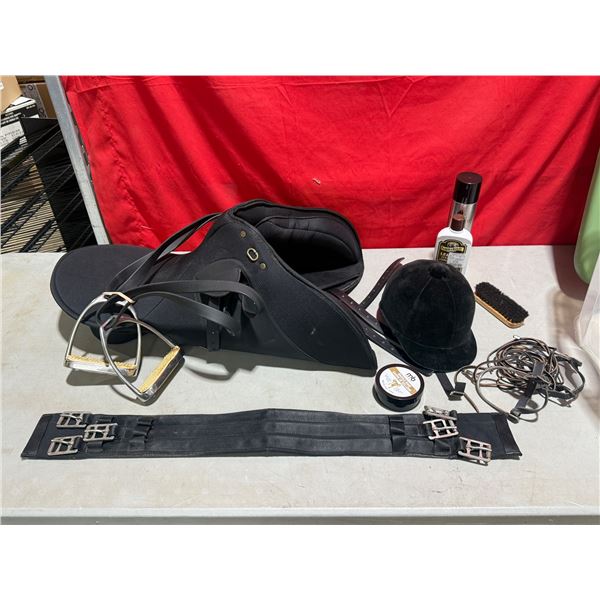 Lot of Horse Riding Gear w/ Wintec Sport Saddle Made in Australia, Helmet, Brush, Cleaning Products