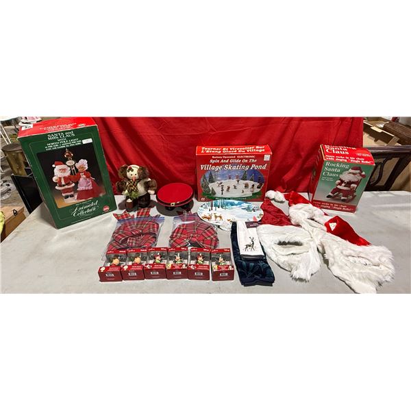 Christmas Decor Lot w/ Village Skating Pond, Rocking Santa Claus, Mickey & Minnie Ornaments & More