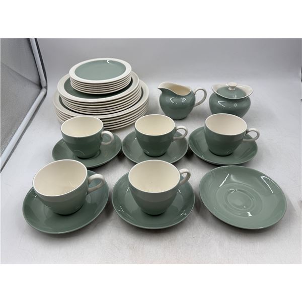 Wedgewood Sage Green Plates and Tea Cups w/ Saucers, Sugar and Creamer Made in England