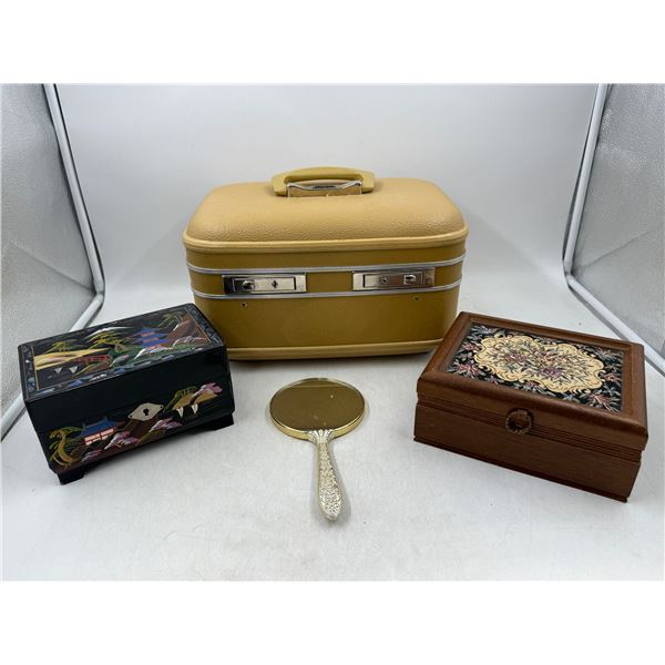VTG Lot w/ Japanese Black Laquer Jewelery Box, Needlepoint Jewelery Box, Sears Luggage & Handheld Mi