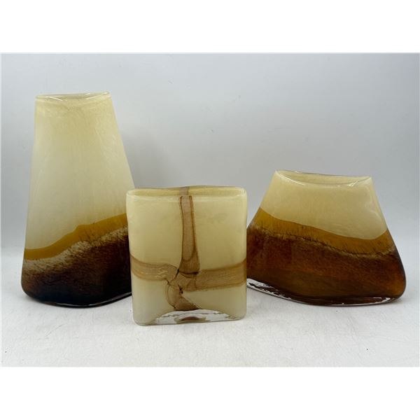 3 Hand Blown Brown & Beige Glass Vases