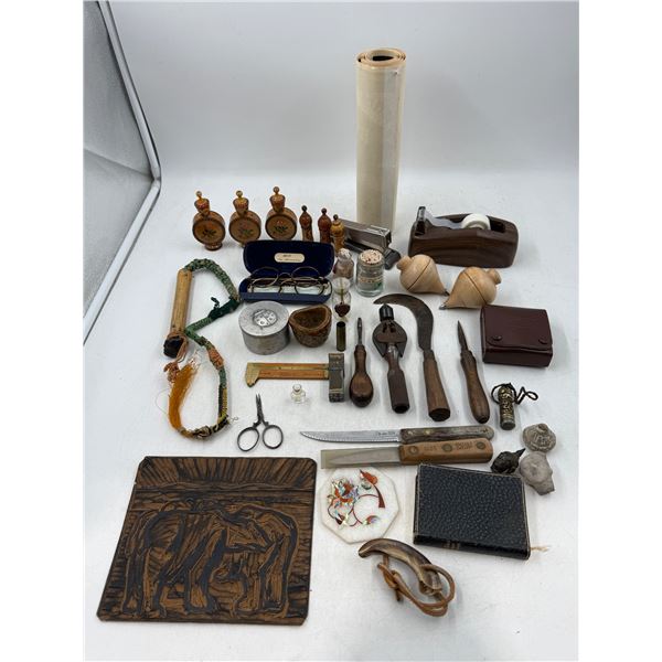 VTG Variety Lot w/ Tools, Bulgarian Wooden Perfume Bottles, Spinning Tops, Thommen Compass Case & Mo