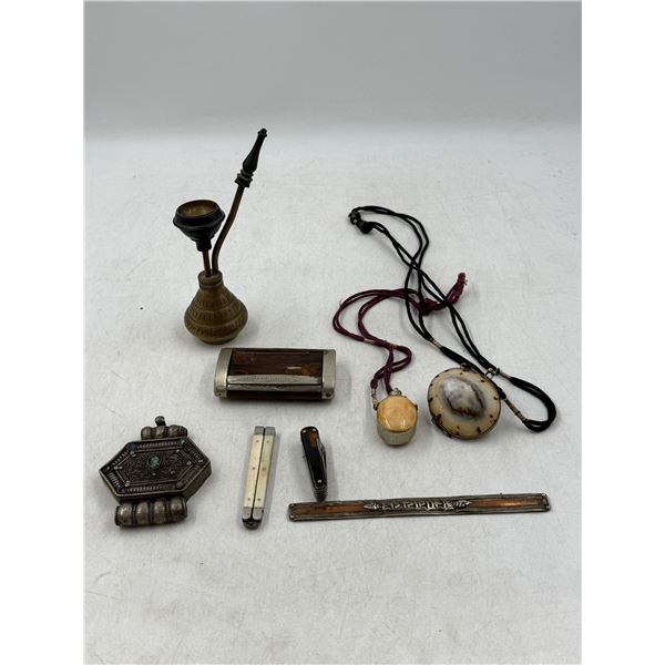 VTG Variety Lot w/ Brass Water Pipe, Tibetan Gau Prayer Box, La San-Claudienne Snuff Box & More