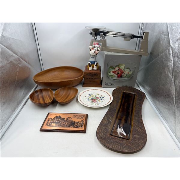Variety Lot w/ Monkeypad Wood Serving Bowls, Copper Etching Art Piece, Triple Beam Balance Scale & M