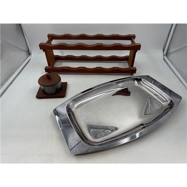 MCM Lot w/ Platter, Teak Wine Rack, Teak Dish w/ Lid Made in Denmark
