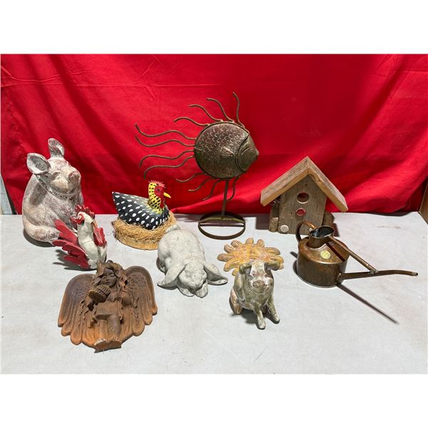 Lot of Garden Decor w/ VTG Copper Haws Watering Can, Angel Wall Scupture, Pigs, Bunny, Chickens & Mo