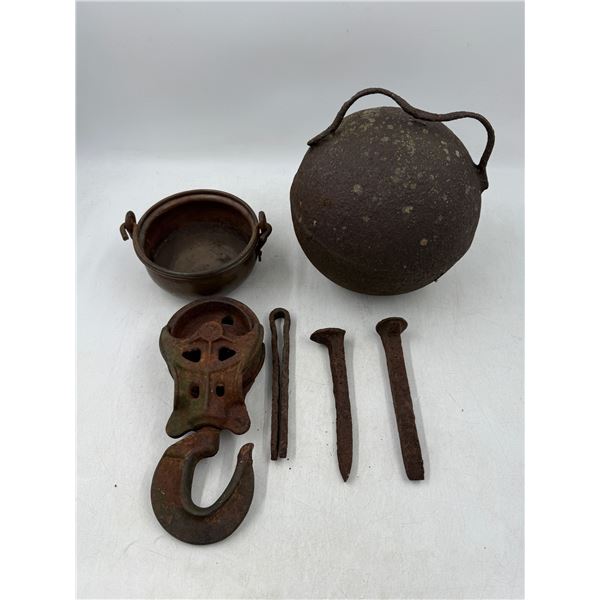 Rustic Lot w/ Railroad Spikes, Pot, & Hook