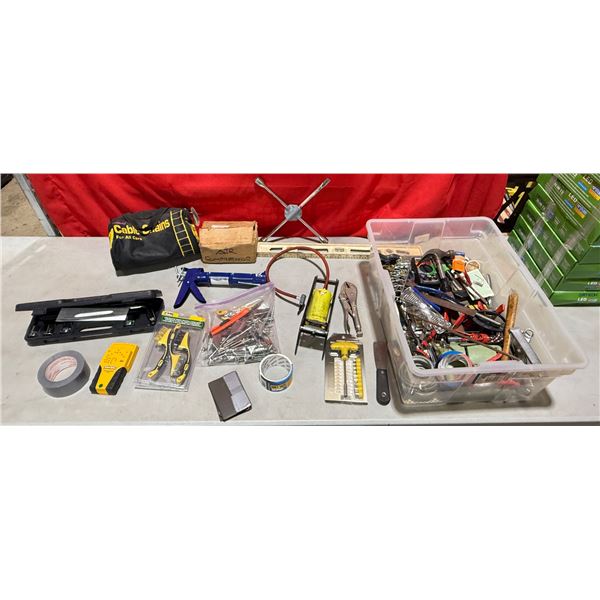 Assorted Lot of Miscellaneous Tools, Tire Iron, Stud Reader, Caulk Gun & More