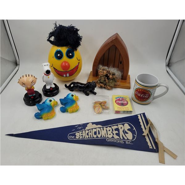 Assorted Lot w/ Beachcombers Gibsons BC Pennant, VTG Sonic Flippo Clown, Miller Studio Chalkware Blu