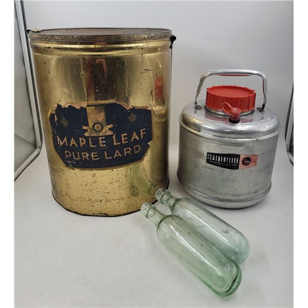 Maple Leaf Pure Lard Pail, Poloron Featherflite Aluminum Water Cooler, Green Torpedo Round Bottom Bo