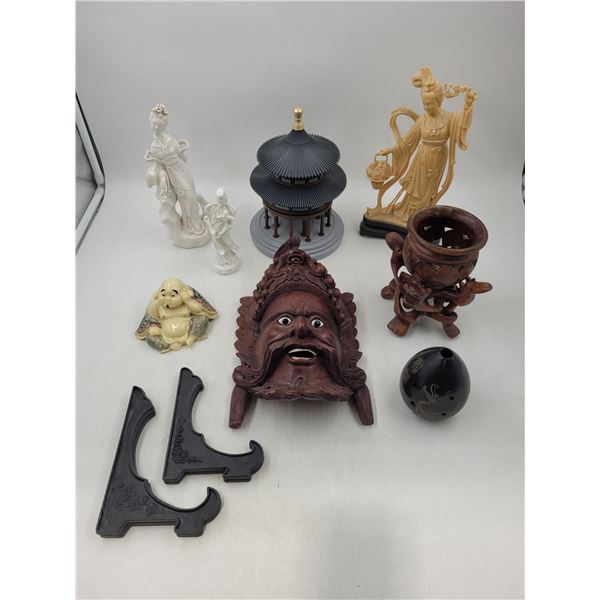 Asian Decor Lot w/ Figurines, Chinese Warrior Wall Hanging Mask, Buddha w/ Adult Scene, & More