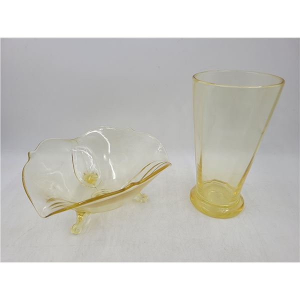 Lot of Yellow Depression Glass w/ Footed Bowl & Vase