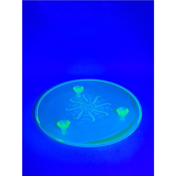 Antique Uranium Footed Shaggy Rose Depression Glass Cake Tray