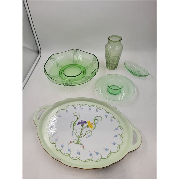 VTG Porcelain Tray, Green Glass Bowls, & Chimney
