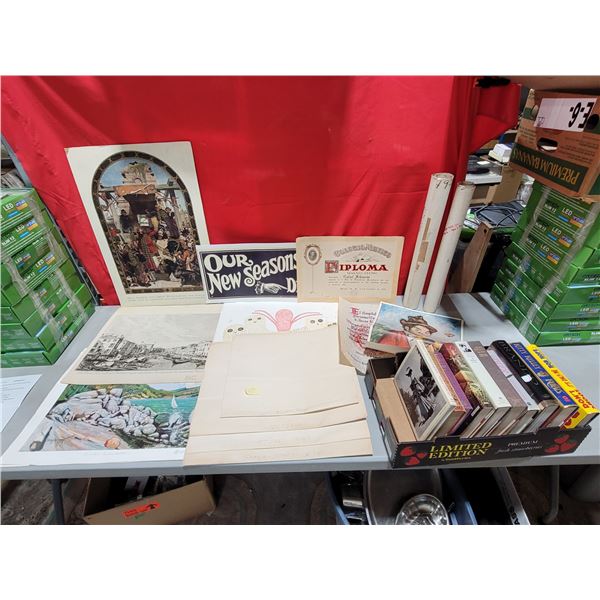 VTG Paper & Book Lot w/ Prints, College of Mexico Diploma, Queen of Scots Book, & More