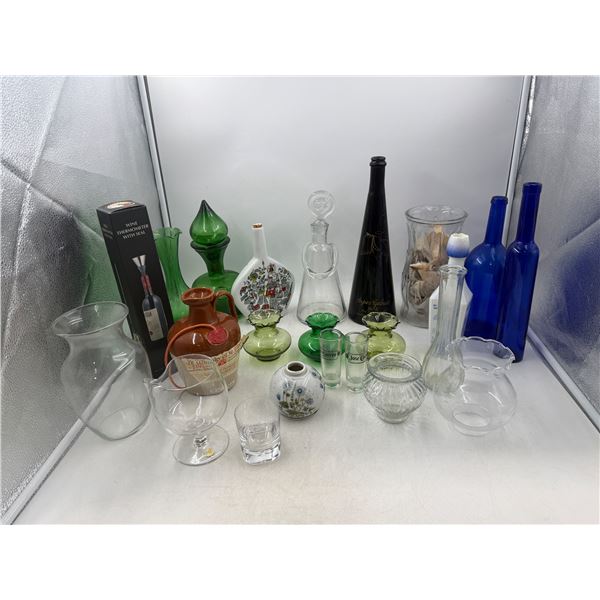 Glassware Lot w/ Cobalt Blue Bottles, Ruffled Vase, Green Glass Decanter, & More