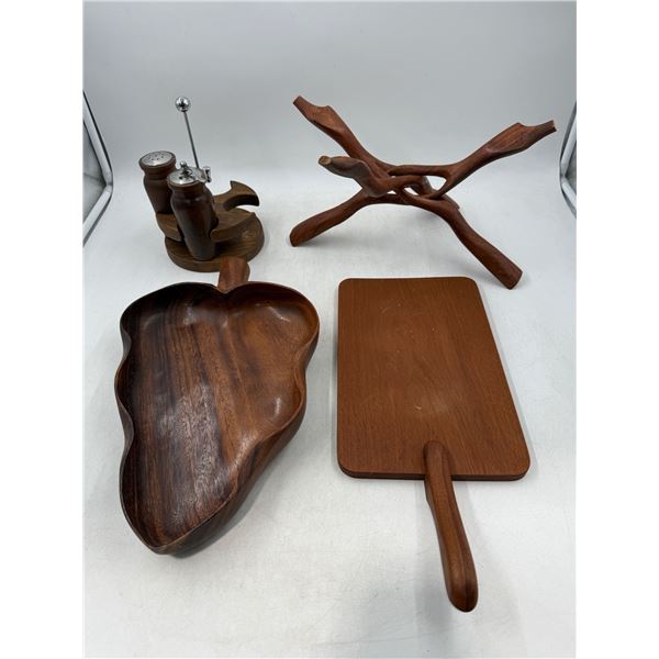 Wooden Serving Ware w/ Salt/Pepper Holder, Leaf Platter, Cheese Board, & More