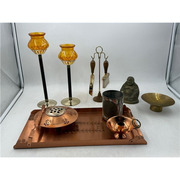 Home Lot w/ Pair of Amber Glass Candleholders, Mexican Abalone Stein, Copper Serving Tray, & More