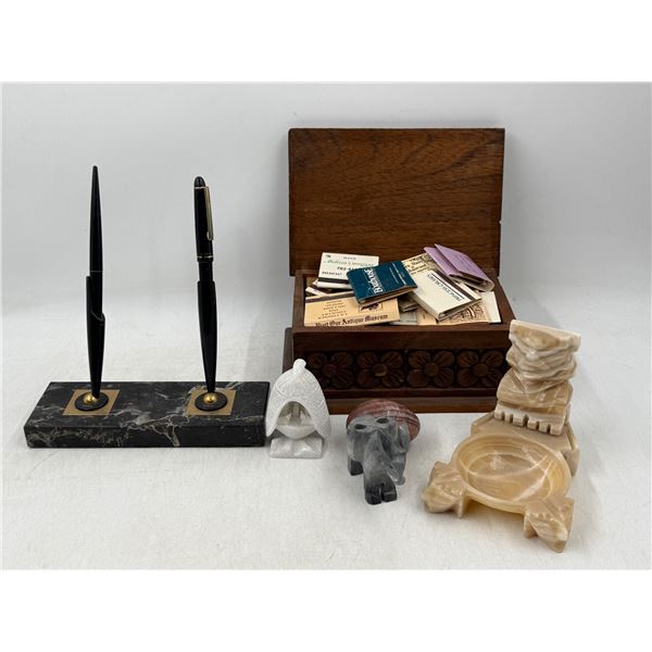 Smalls Lot w/ Penholder, Stone Carvings, & Matchbooks