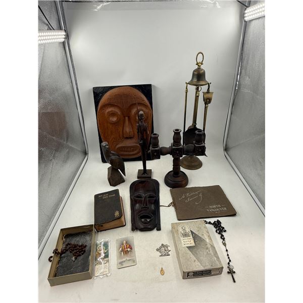 Vriety Lot w/ Wooden Wall Mask, Wooden Candelabra, Rosary, Fireplace Tool Set, & More
