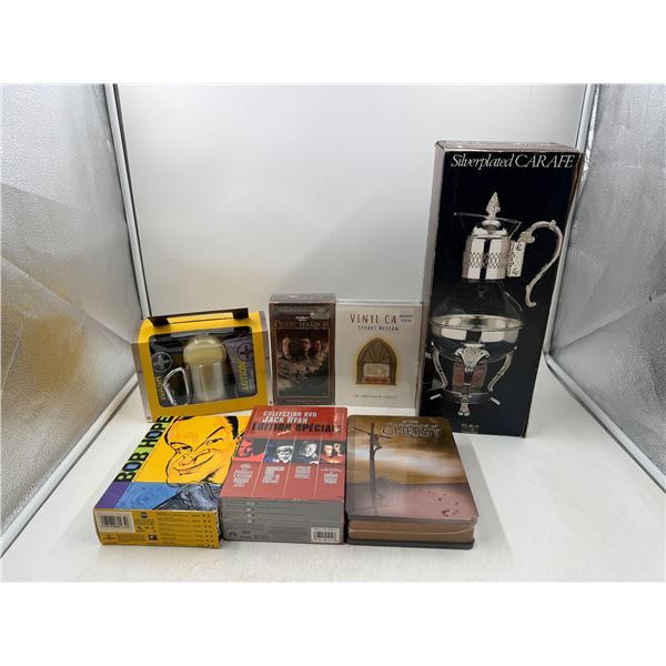 Variety Lot w/ Silverplated Carafe, DVDs, Videotapes, & More
