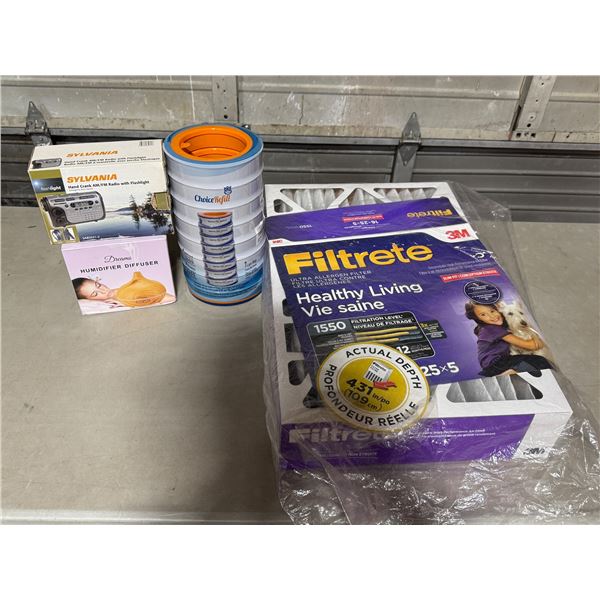 Variety Lot w/ Diffuser, Hand Crank Radio w/ Flashlight, Allergen Filter, & More