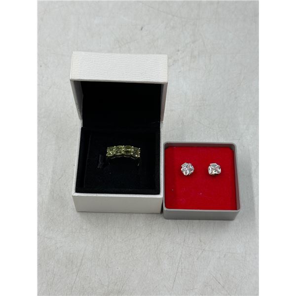 Green Stone Ring & Pair of Earrings