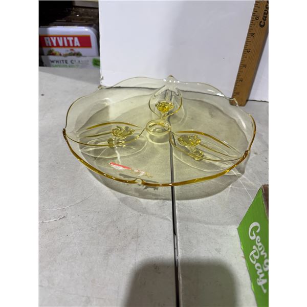 vintage Lancaster Petal Topaz yellow 3-footed cake plate from the 1930s Depression Glass era.
