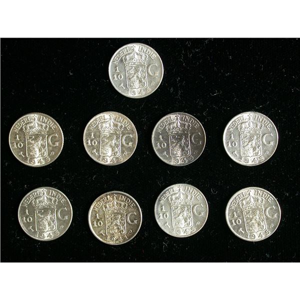 Netherlands East Indies 1/10 Guilden, Lot of 9 Coins