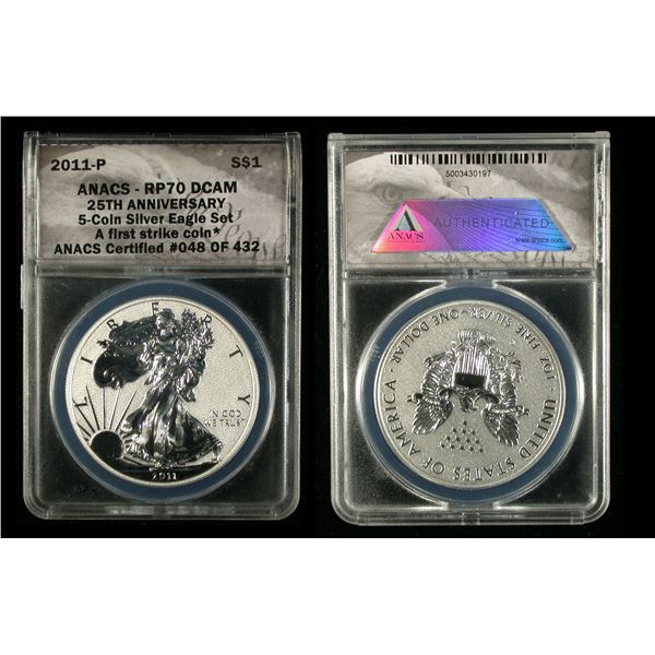 United States 2011 Silver Eagle 5 Coin Set, ANACS 70