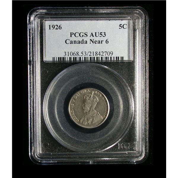 1926 Near 6 Five Cents, PCGS AU-53