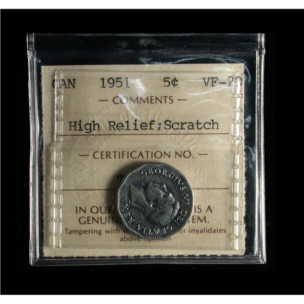 1951 Five Cents, High Relief