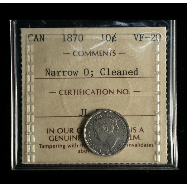 1870 Ten Cents Narrow 0, ICCS VF-20