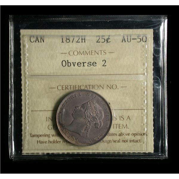 1872H Twenty-five Cents, ICCS AU-50