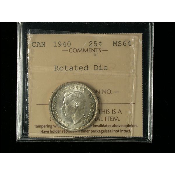 1940 Twenty-five Cents ICCS MS-64, Rotated Die