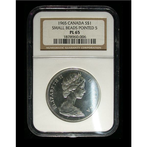 1965 One Dollar Small Beads Pointed 5 NGC, Rotated Dies
