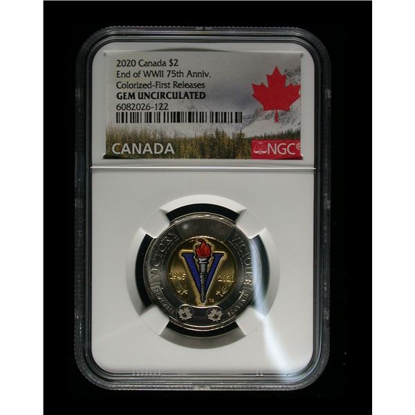 2020 Two Dollars End of WWII Coloured, NGC GEM UNC