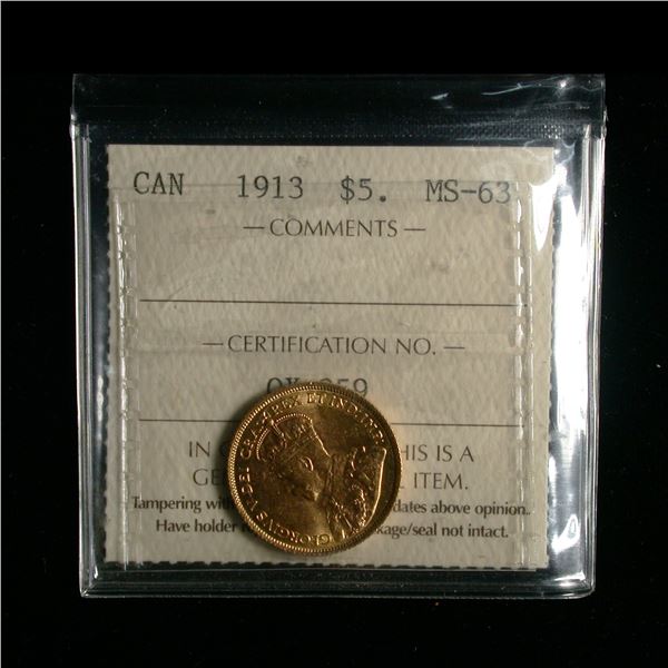 Canada 1913 Five Dollars Gold, ICCS MS-63