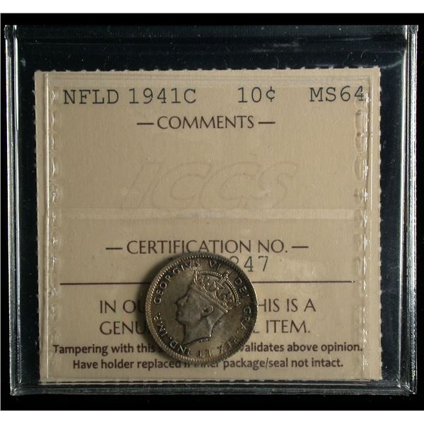 Newfoundland 1941-C Ten Cents, ICCS MS-64