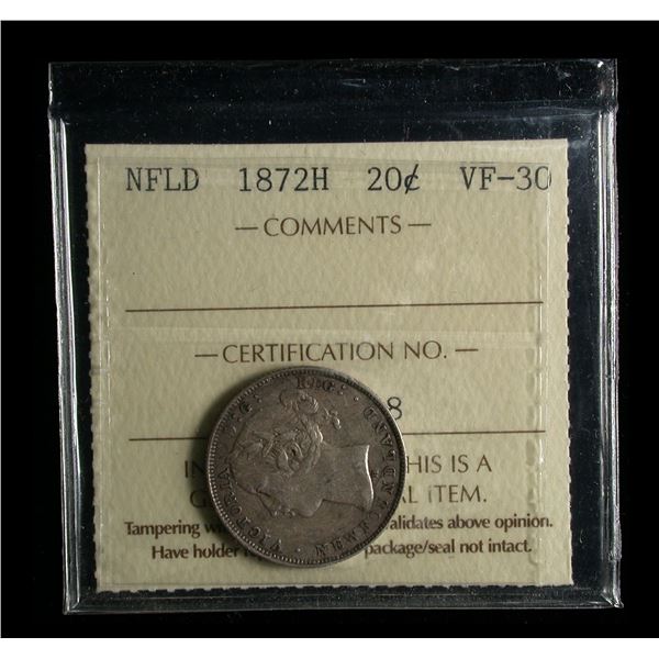 Newfoundland 1872H Twenty Cents, ICCS VF-30