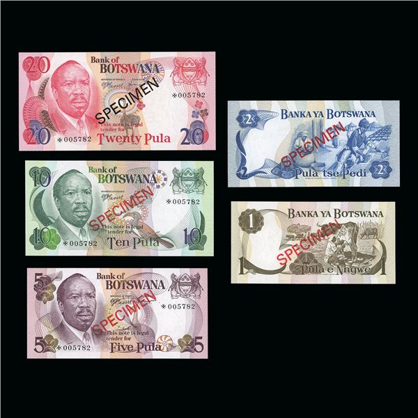 Botswana Set of 5 Specimen Notes, 1 to 20 Pulu