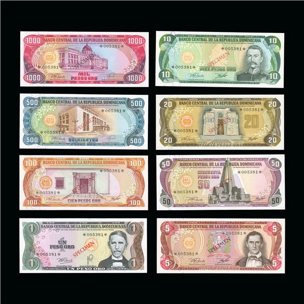 Dominican Republic Set of 8 Specimen Notes, 1 to 1,000 Pesos