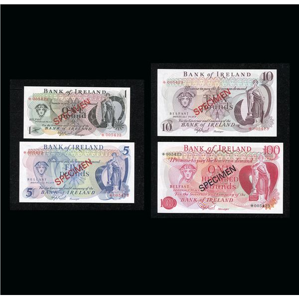 Bank of Ireland Set of 4 Specimen Notes, 1 to 100 Pounds