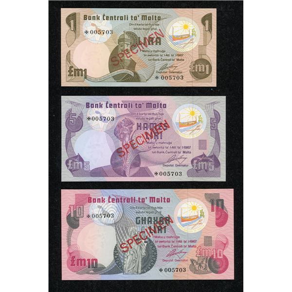 Malta Set of 3 Specimen Notes, 1 to 10 Liri