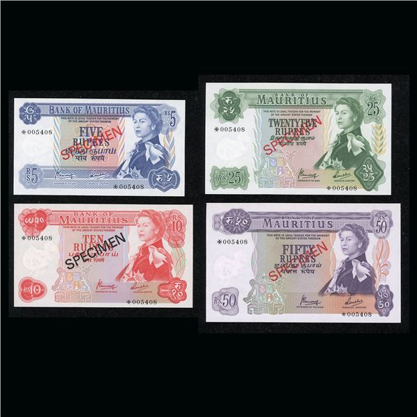 Mauritius Set of 4 Specimen Notes, 5 to 50 Rupees