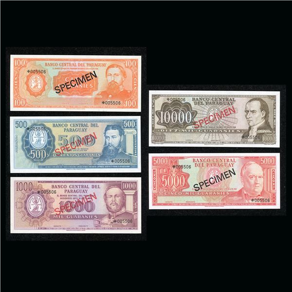 Paraguay Set of 5 Specimen Notes, 100 to 10,000 Guaranies