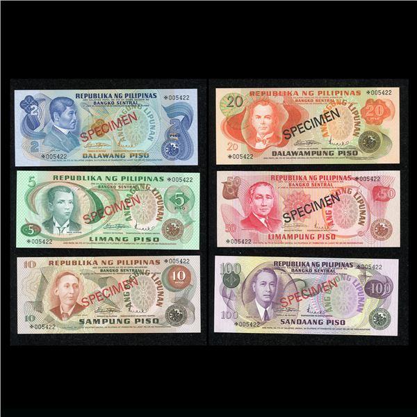 Philippines Set of 6 Specimen Notes, 2 to 100 Piso