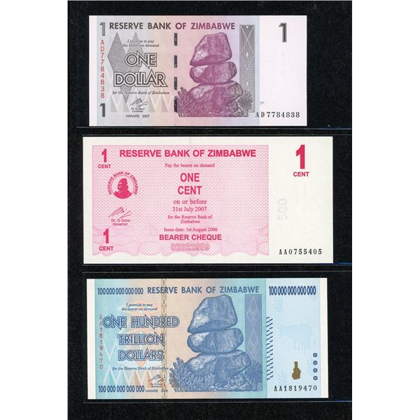 Zimbabwe $100 Trillion Note, with Two Earlier Notes